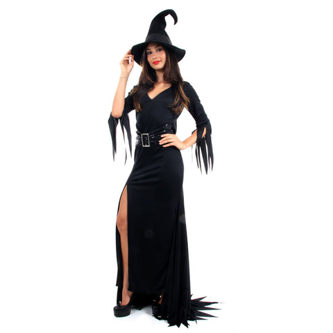 Fantasia Vestido Longo Bruxa Sombria Adulta com Chapéu - Halloween