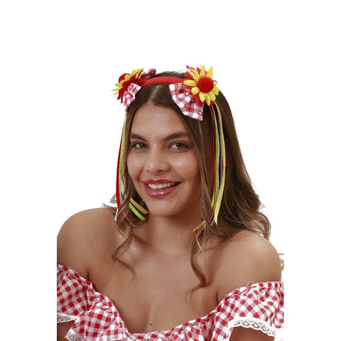 Tiara Junina Vermelha com Laços Xadrez, Flores e Fitas