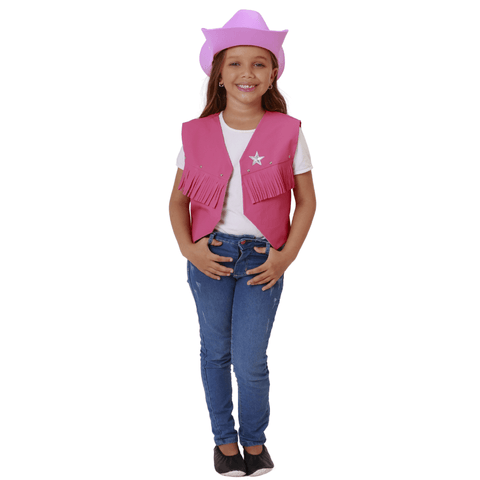 Fantasia Festa Junina Cowgirl Rosa Infantil Kit Chapéu e Colete