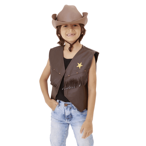 Fantasia Cowboy Infantil Kit Country Marrom Colete e Chapéu
