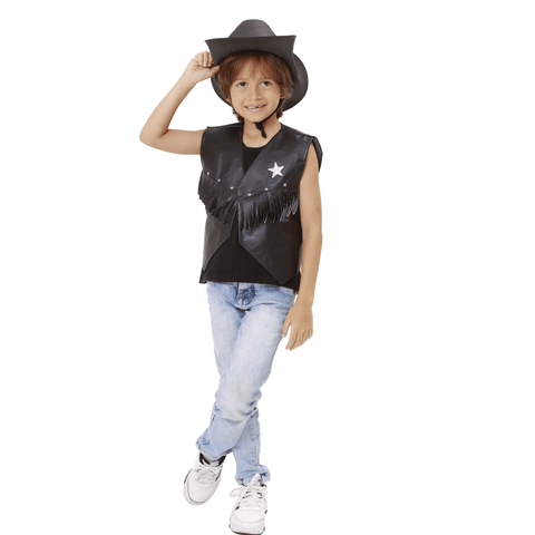 Fantasia Cowboy Infantil Preto Chapéu e Colete com Franjas