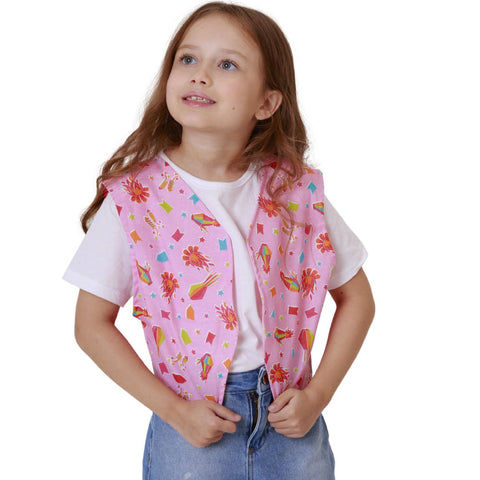 Colete Festa Junina Infantil Menina Rosa com Balões e Fogueiras