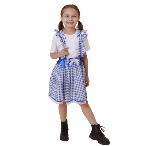 Fantasia Festa Junina Jardineira Infantil Xadrez Azul com Babados