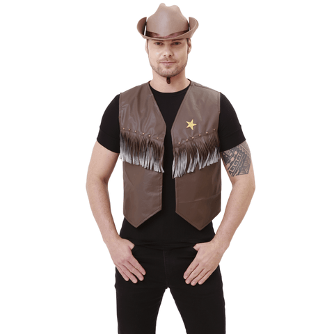Fantasia Adulto Cowboy Marrom Kit Sertanejo Colete e Chapéu